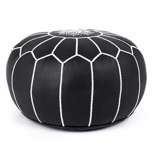 Black Moroccan Leather Adjustable Modern Pouf Ottoman Handmade Embroidered Floor <b>Cushion</b> Decorative Footstool Hotel Apartment - Product Image 3