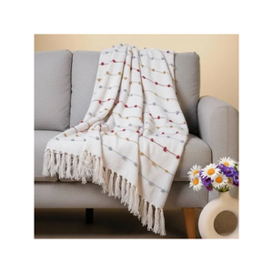 Housse de canapé bleu marine avec franges à pompons rose vif et coussin assorti pour une décoration moderne de salon - Product Image 2