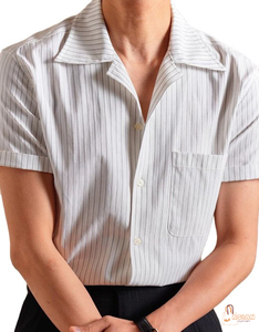 Camisa Casual de Manga Corta para Hombre, de Algodón Popelín a Rayas, con Cuello Clásico, Transpirable, para Verano - Product Image 1