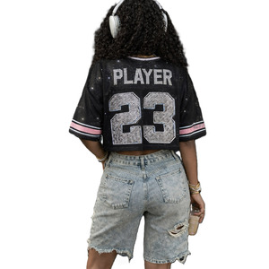 Jersey Corto de Fútbol Americano Personalizado con Pedrería para Mujer, Malla de Poliéster, Ropa Urbana, Fabricante OEM de Marca Privada - Product Image 4