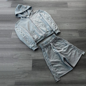 Ensemble de survêtements en coton épais personnalisés pour hommes, en molleton bouclette, délavé à l'acide, comprenant un sweat à capuche court zippé et un short de survêtement - Product Image 6