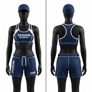 Conjunto de sujetador deportivo y shorts de BJJ de algodón prémium de 260 g con tirantes en Y y cuello alto, azul marino, blanco, multipanel, sublimación personalizada, OEM, cristal - Product Image 1