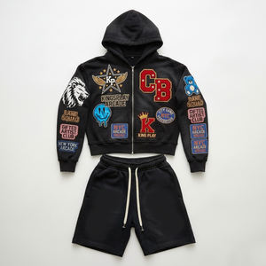 Conjuntos de Sudadera con Capucha y Pantalones Cortos de Forro Polar Grueso de Secado Rápido con Estampado Personalizado, Estilo Urbano, Efecto Desgastado por el Sol, con Cremallera, para Hombre - Product Image 4