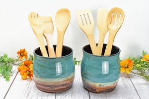 Handcrafted Ceramic Utensil Holder Reactive Glaze Coastal Blue Finish Kiln <b>Fired</b> Thick Wall Durable Kitchen Counter Organizer - Product Image 5