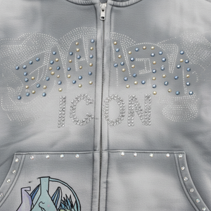 ผู้ผลิตเสื้อผ้าสตรีทแวร์แบบสั่งทำ ชุดเซ็ตฮู้ดดี้ซิปใหญ่ประดับเพชรและกางเกงขาสั้น ปักลายสไตล์วินเทจฟอกสี ชุดแทรคสูทผู้ชาย - Product Image 3