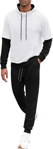 Men 2 Piece Tracksuit Outfit Contrast Color Patchwork Hoodie Sweatshirt Sweatpants Casual Jogging Sweatsuit <b>Set</b> - Product Image 3