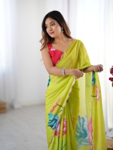 Hermoso Saree de Chinnon con Bordado de Espejo, Blusa sin Coser y Diseño Floral para Mujer, Ideal para Fiestas Tradicionales - Product Image 3