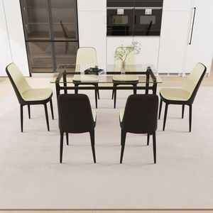 Moderno tavolo da pranzo rettangolare per 6 persone 51 \ "vetro temperato metallo nero gamba spessa sedia PU imbottita per sala da pranzo - Product Image 1