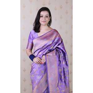 ผ้าไหมลาเวนเดอร์ บาเนราสี จาล ซอฟท์ ซิลค์ โกลด์ ซารี ลายมีนาคารี ทอแบบกลับด้านได้ แห้งเร็ว สำหรับงานพิธีต่างๆ  เสื้อผ้าอินเดีย ปากีสถาน - Product Image 5