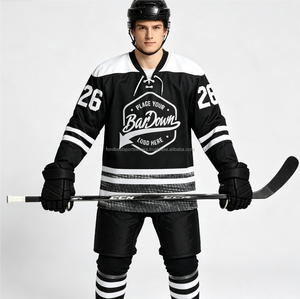 Maillot de hockey sur glace personnalisé noir et blanc pour homme, col en V, fermeture à nouer, manches longues, numéro d'équipe imprimé, uniforme - Product Image 1