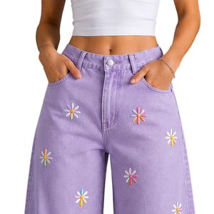 Vaqueros anchos de mujer morados lavanda con bordado floral, cintura alta, ajuste holgado, estilo baggy, pantalones de mezclilla informales, ropa de calle, OEM personalizado - Product Image 5