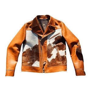 Afernon Industry Men's <b>Brown</b> Genuine <b>Leather</b> Bomber <b>Jacket</b> Cowhide Patchwork Turn-down Collar Breathable Slim Fit Zipper Closure - Product Image 1