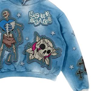 เสื้อมีฮู้ดผ้าเดนิมพิมพ์ลาย DTG สำหรับชายหญิงวินเทจโอเวอร์ไซส์ออกแบบได้ตามต้องการ - Product Image 3