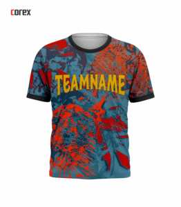 T-shirt de sport pour homme Corex, imprimé par sublimation, manches courtes, col rond, séchage rapide, coupe classique, motif bleu, rouge, jaune - Product Image 1
