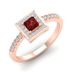 Bague REYES de haute qualité en or massif 14 carats, pierre précieuse grenat rouge taille princesse 0,31 carat avec halo de diamants, pour femme, bijoux fins - Product Image 2