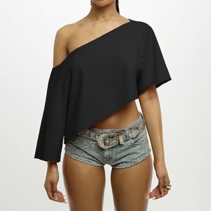 Casual Ladies One Shoulder Crop <b>Top</b> Asymmetric Solid Color Loose Fit Short Sleeve Jersey Cotton Summer Streetwear Women T-Shirt - Product Image 4