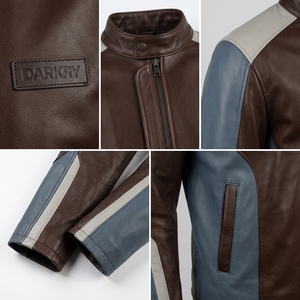 <b>Mens</b> <b>Brown</b> <b>Leather</b> <b>Jacket</b> Custom Blue Panel Tricolor Biker Riding Coat Real Cowhide Streetwear Outerwear Wholesale Factory - Product Image 6