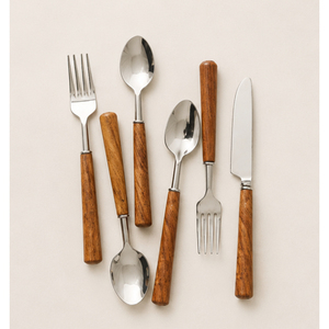 Ensemble de couverts en acier inoxydable argenté au design moderne avec manche rond en bois poli, cuillère, couteau, fourchette, vaisselle pour la maison - Product Image 5