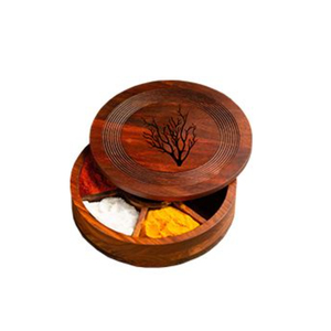 Caja de especias de madera de mango artesanal de primera calidad con 7 compartimentos, ecológica, redonda, tipo Masala Dabba, para organizar la cocina. - Product Image 3