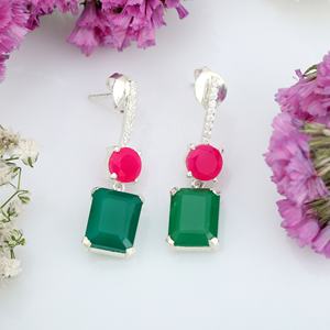 ต่างหูแบบตะขอสั้นเงินสเตอร์ลิง925มาใหม่สีชมพูบานเย็นธรรมชาติและเพทายสีเขียวนิลดีไซน์แบบหยดน้ำ - Product Image 3