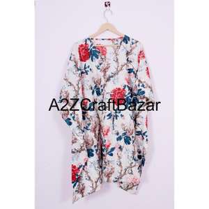 Kaftan court en coton pour femme, écologique, motif floral, robe de plage mi-longue, col en V, manches courtes, taille naturelle, moulante, à volants et pompons - Product Image 6