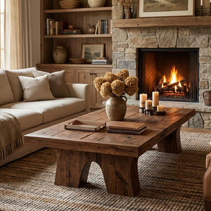 Mesa de Centro de Madera Sólida de Diseño Único Estilo Rústico con Construcción Resistente, Textura de Grano Natural y Diseño de Patas Arqueadas Exclusivas - Product Image 1