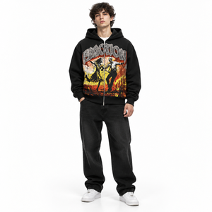 Men's Oversized <b>Black</b> Zip Up <b>Hoodie</b> Vintage Graphic Printed Fleece Streetwear <b>Hoodie</b> with Full <b>Zipper</b> - Product Image 1