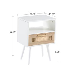 Tavolino Moderno in Rattan Bianco da 40 cm con Cassetto e Gambe in Legno Massello, Comodino o Tavolino Laterale per Camera da Letto o Soggiorno - Product Image 3