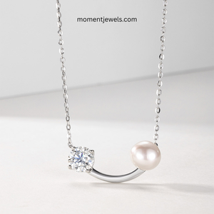 Collier en argent sterling 925 avec perle d'eau douce pour femme, pendentif de luxe en moissanite, sertissage à la française torsadé, plaqué platine - Product Image 1