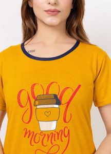 Ensemble pyjama en coton pour femmes, manches courtes, col imprimé, motif géométrique, haut jaune, pantalon bleu marine, taille élastique, vêtements de nuit décontractés - Product Image 5