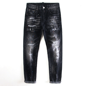 Jeans en denim extensible pour hommes avec logo personnalisé, taille mi-haute, style décontracté, streetwear, vente en gros - Product Image 1