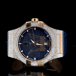 Montre mécanique de luxe ETA avec diamants de laboratoire bleus glacés, boîtier en acier inoxydable, analogique, pour homme, style hip-hop, bracelet en cuir PU, date automatique, verre 20 mm - Product Image 1
