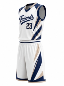 Basketball Uniform Set White <b>Navy</b> Gold Sublimated Sleeveless V-Neck Breathable Polyester Men's Athletic Wear - Product Image 3