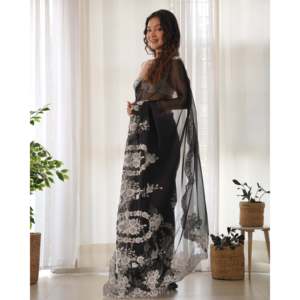 Sari élégant avec de superbes broderies au fil et broderie Cut Dana, tissu de broderie de qualité supérieure - Product Image 3