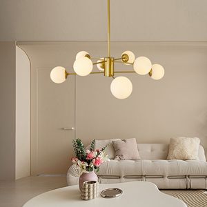 Lustre moderne à 8 lumières dorées de 35 pouces, design élégant de style mi-siècle avec branches, globes en verre blanc, luminaires suspendus - Product Image 3