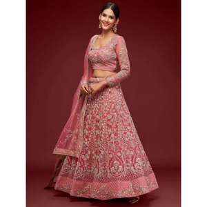 Plus Size Pink Embroidered <b>Net</b> Lehenga Choli for Reception Wear - Product Image 1