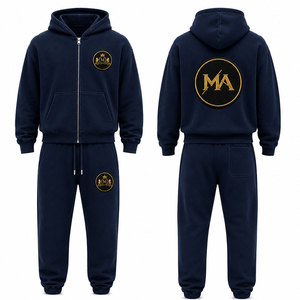 Ensemble de survêtement unisexe noir à capuche 100% coton avec fermeture éclair intégrale et logo MA brodé, vêtements décontractés pour la saison d'automne - Product Image 1