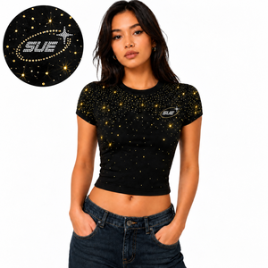 เสื้อครอปท็อปผู้หญิงสีดำประดับกลิตเตอร์และเพชรเทียม แขนสั้น คอกลม สไตล์ลำลอง ผ้าถักยืดหยุ่น ใส่ได้ทุกฤดู - Product Image 1