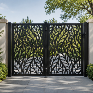 Puerta de jardín metálica moderna con diseño de hojas negras, decorativa, cortada con láser, de seguridad, para entrada de villas, uso exterior, resistente. - Product Image 1