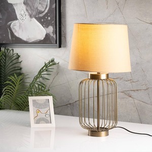 Modern Gold Metal Eco-Friendly KS International Table Lamp Fabric <b>Drum</b> Shade Bedside Desk Light <b>for</b> Bedroom Living Room - Product Image 2