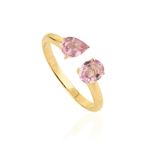 Anillo Abierto Toi et Moi de Zafiro Rosa con Engaste de Garras, Elegante y Sencillo, con Gema Natural Fina, Oro Amarillo Puro de 14K, Joyería de Última Moda para Uso Diario - Product Image 3