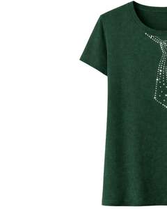Camiseta de Algodón Verde Oscuro para Mujer con Estampado de Lazo de Diamantes de Imitación, Top Casual de Manga Corta para Verano, Fabricante Personalizado, Suministro de Fábrica OEM - Product Image 4