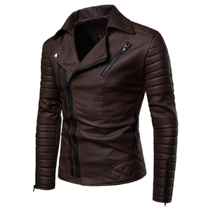 Men Fashionable Cotton-<b>Padded</b> Motorcycle Genuine Leather Jacket <b>Coat</b> Windproof Casual Style Different Zips Pockets - Product Image 4
