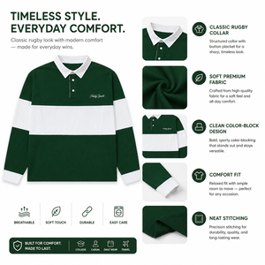 Polo à manches longues en coton premium pour homme, avec rayures contrastées, style rugby, vintage, streetwear, logo personnalisé, décontracté, sportif - Product Image 5