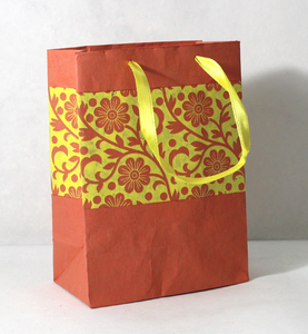 Handmade Recycled Cotton <b>Art</b> Paper Bag with Ink Print All Around Matching Satin Ribbon Handles for Festivals and Gifts - Product Image 2