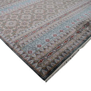 Tapis en laine et soie noué à la main, bleu ardoise et rayures géométriques dorées, 10' x 14', à poils ras, pour salon - Product Image 4