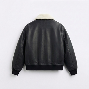 Black Shearling Collar Leather Bomber Jacket | Faux Leather Jacket | Oversized Streetwear Zip Bomber | Custom OEM Manufacturer - Product Image 2