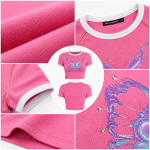 Camiseta Corta Oversize de Algodón 100% para Hombre, Estilo Y2K High Street, con Mariposa Rosa Intenso y Pedrería - Product Image 6