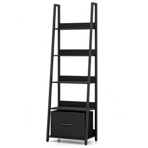 Scaffale a 5 livelli con cassetti in tessuto, libreria industriale stretta con dispositivo anti-ribaltamento e pannello posteriore, contenitore in legno e metallo per cappotti da donna - Product Image 2