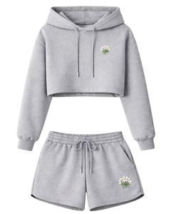 ชุดเซ็ตเสื้อครอปฮู้ดดี้สีเทาสำหรับผู้หญิง ปักลายดอกเดซี่ ชุดลำลองสองชิ้น ผ้าฝ้ายฟลีซ ชุดลำลองใส่สบาย ผู้ผลิตขายส่ง - Product Image 1